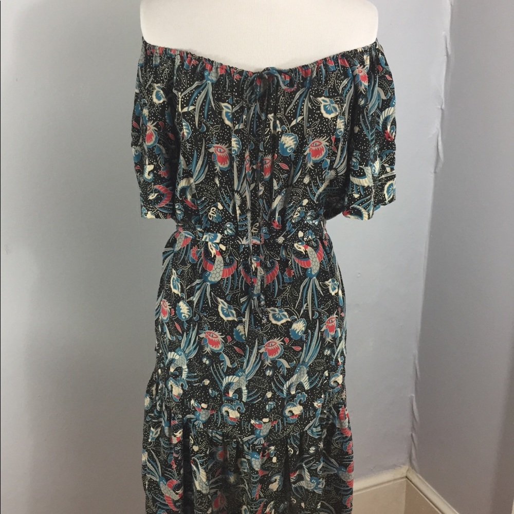 🦅Off-shoulder Pheonix bird print silk dress 🦅